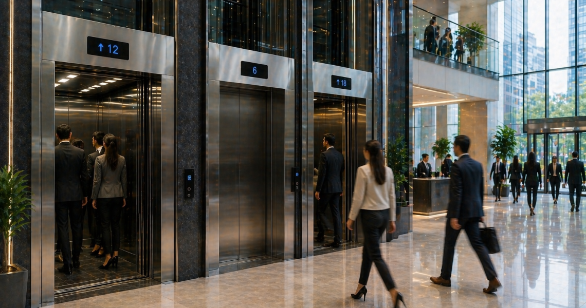 elevadores comerciales en México en edificio moderno mostrando flujo eficiente de personas