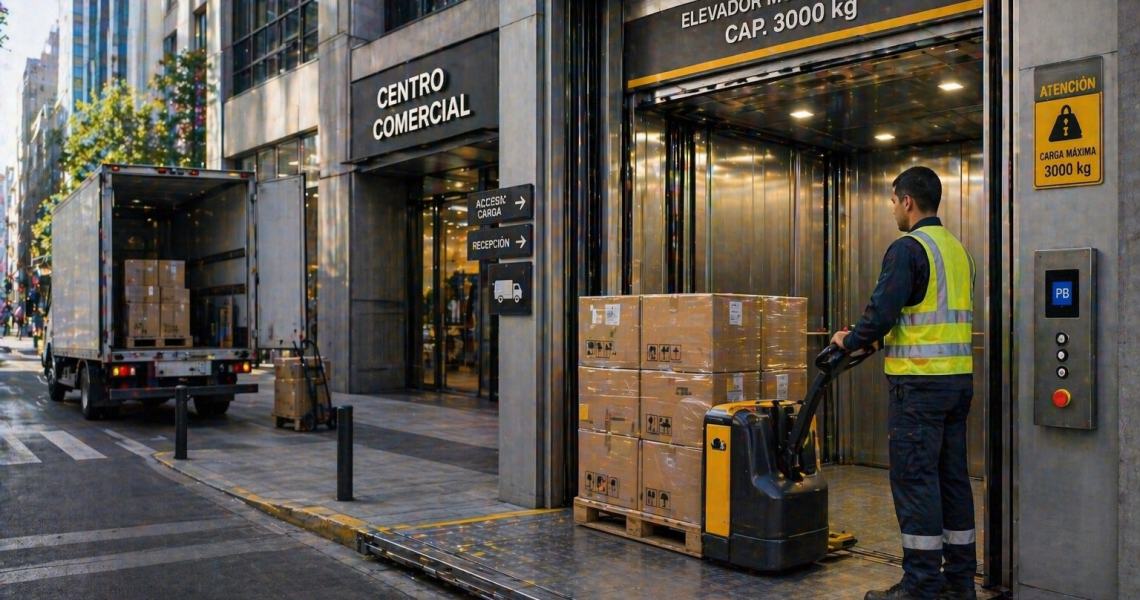 elevador montacargas en México operando en logística urbana con carga en edificio comercial moderno