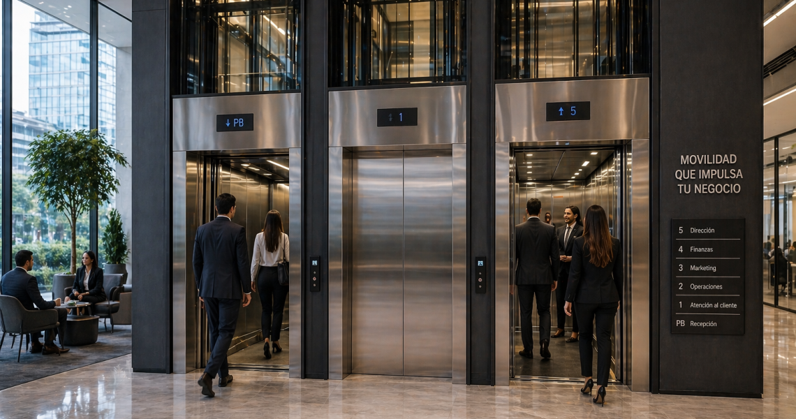 elevadores comerciales en México en edificio empresarial moderno con alto flujo de personas