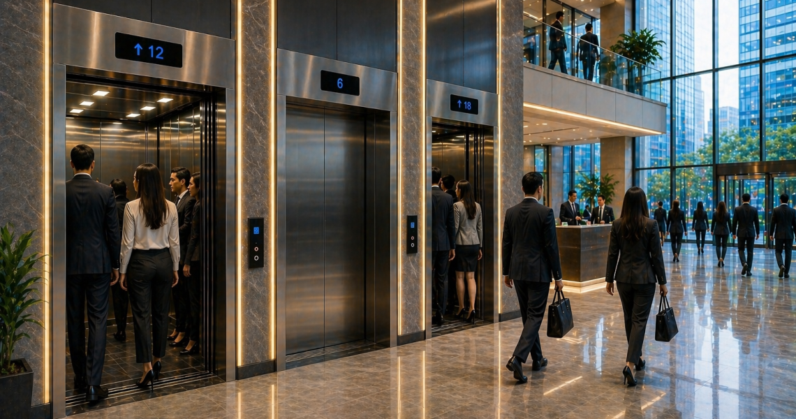 elevadores comerciales en México en edificio moderno con alto flujo y tecnología eficiente