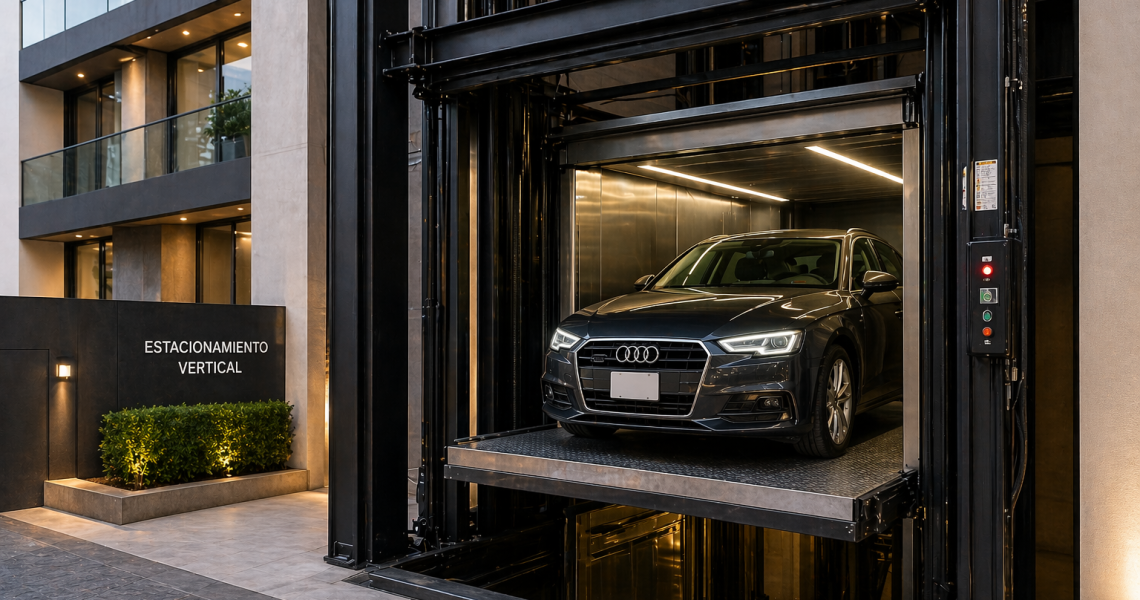 elevador para autos en edificio moderno en México con sistema de estacionamiento vertical