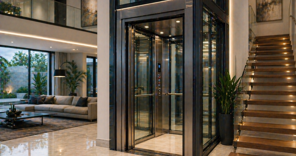 elevador residencial moderno en casa de lujo en México con cabina de vidrio y diseño minimalista