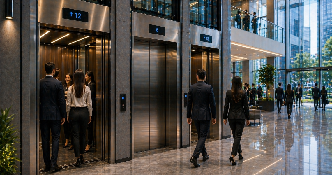 elevadores comerciales en México en edificio moderno con alto flujo y tecnología avanzada