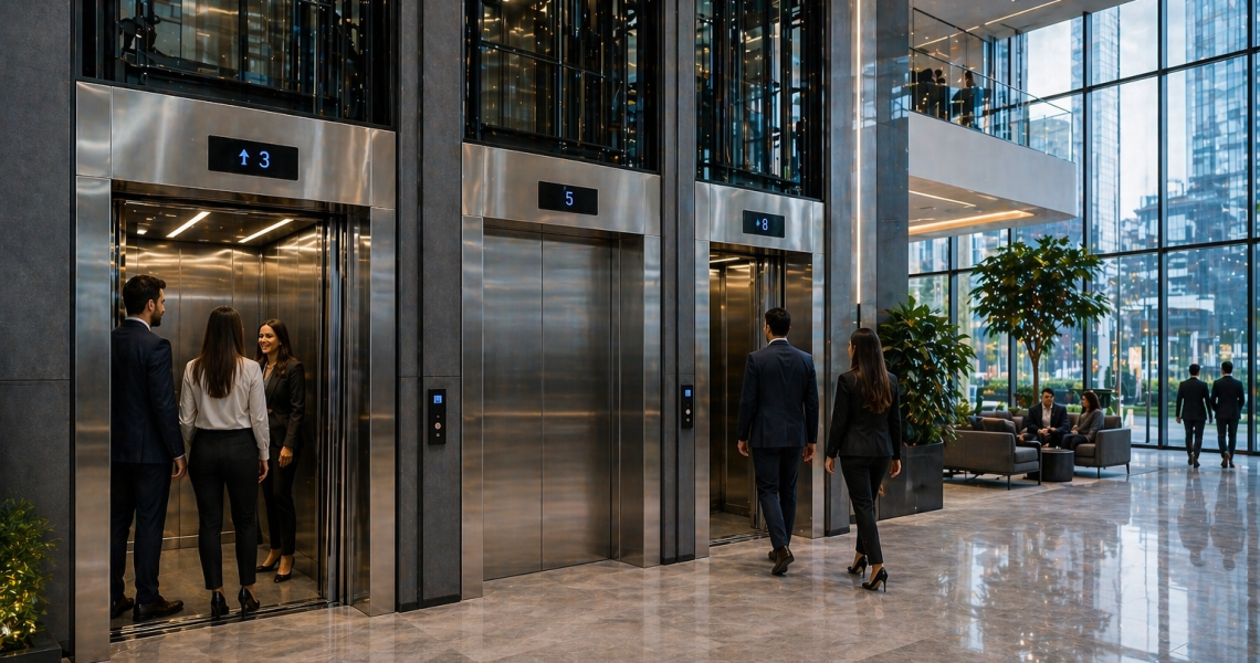 sistemas de elevadores comerciales en México en edificio moderno con alto flujo de personas