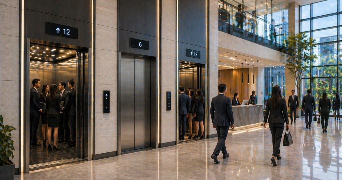 sistemas de elevadores comerciales en México en edificio moderno con alto flujo y tecnología avanzada