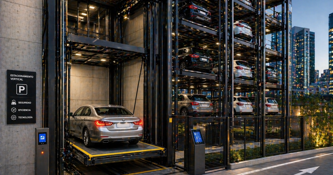 sistemas de estacionamiento vertical en México con elevadores para autos en estructura moderna eficiente