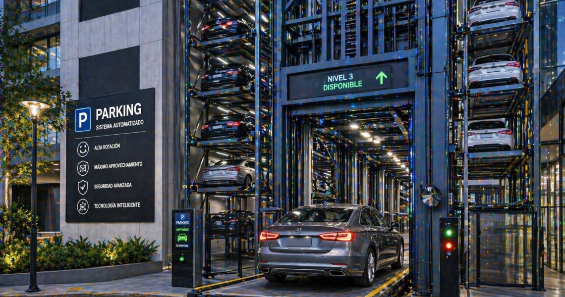 sistemas de parking en México para alta rotación con elevadores automáticos en edificio moderno