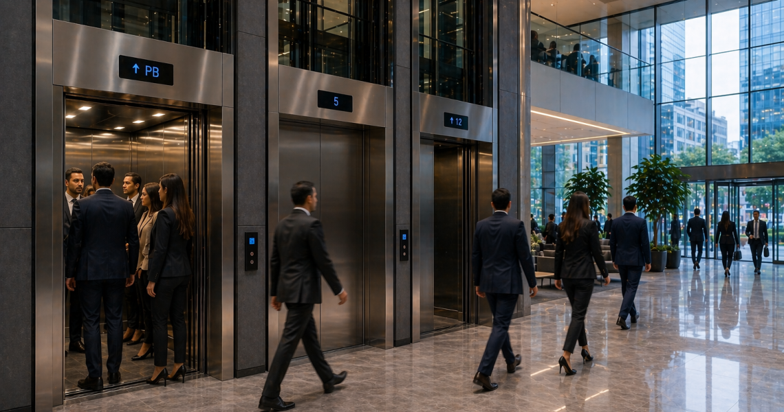 elevadores comerciales en México optimizando flujo en edificio moderno con alto tráfico