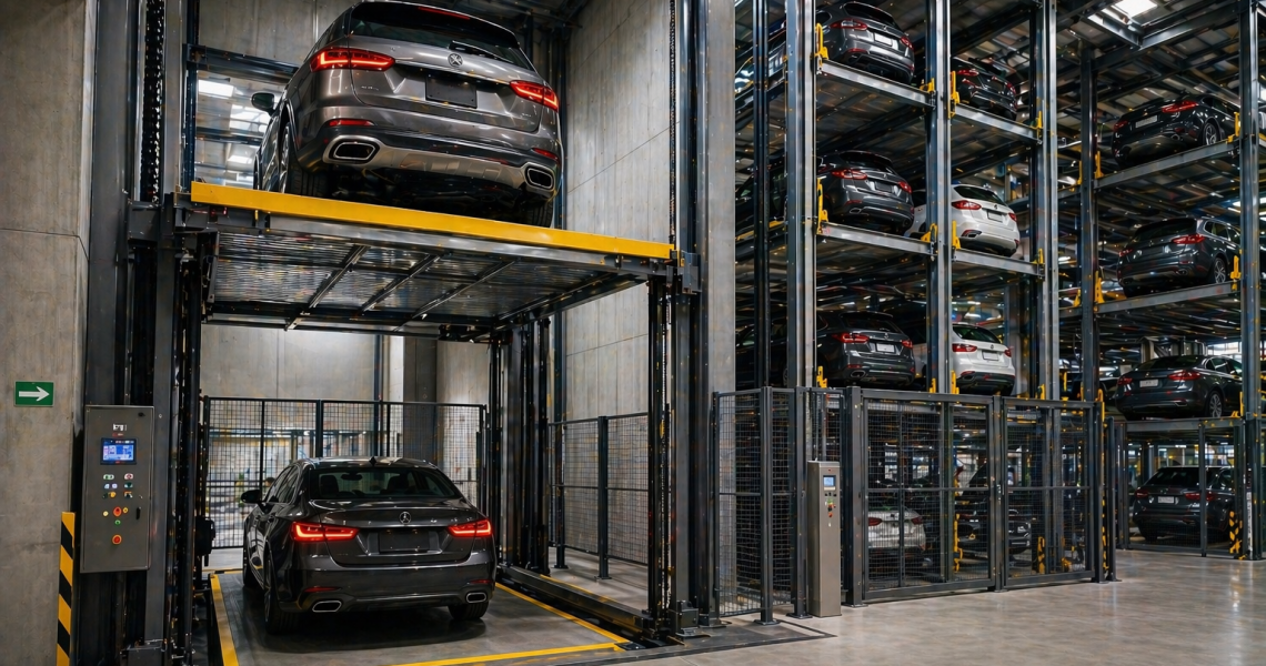 elevadores para autos en México en estacionamiento vertical moderno optimizando espacio