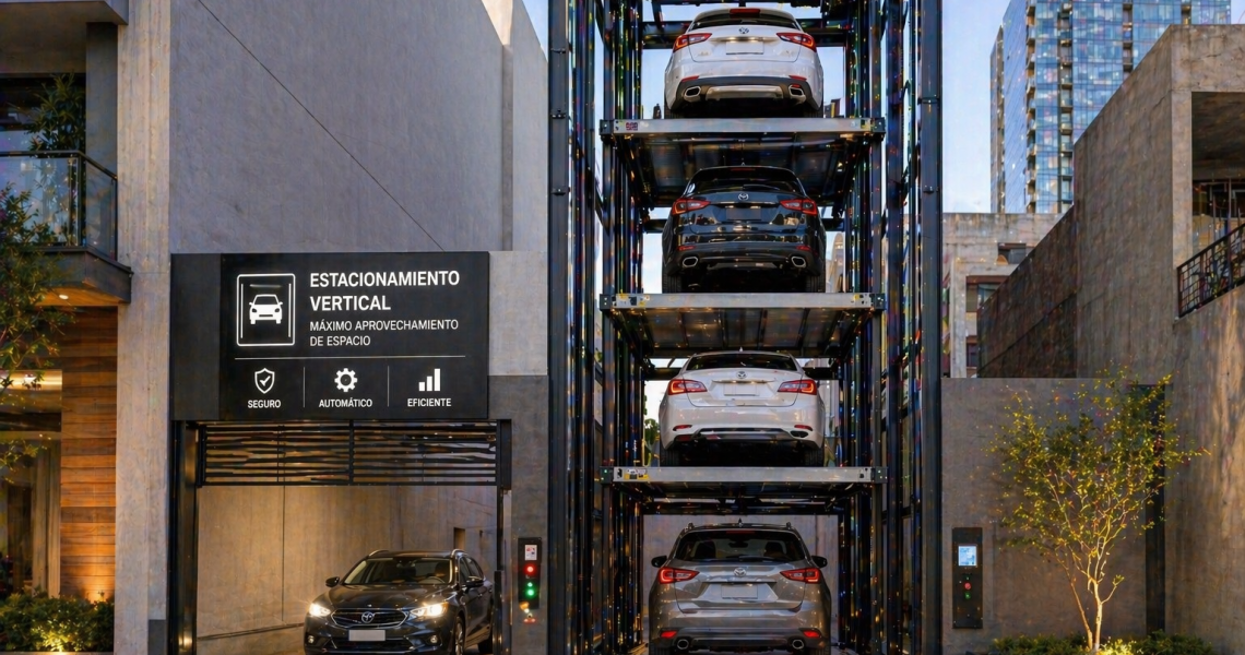 sistema de estacionamiento vertical en México con elevadores para autos en espacio reducido moderno