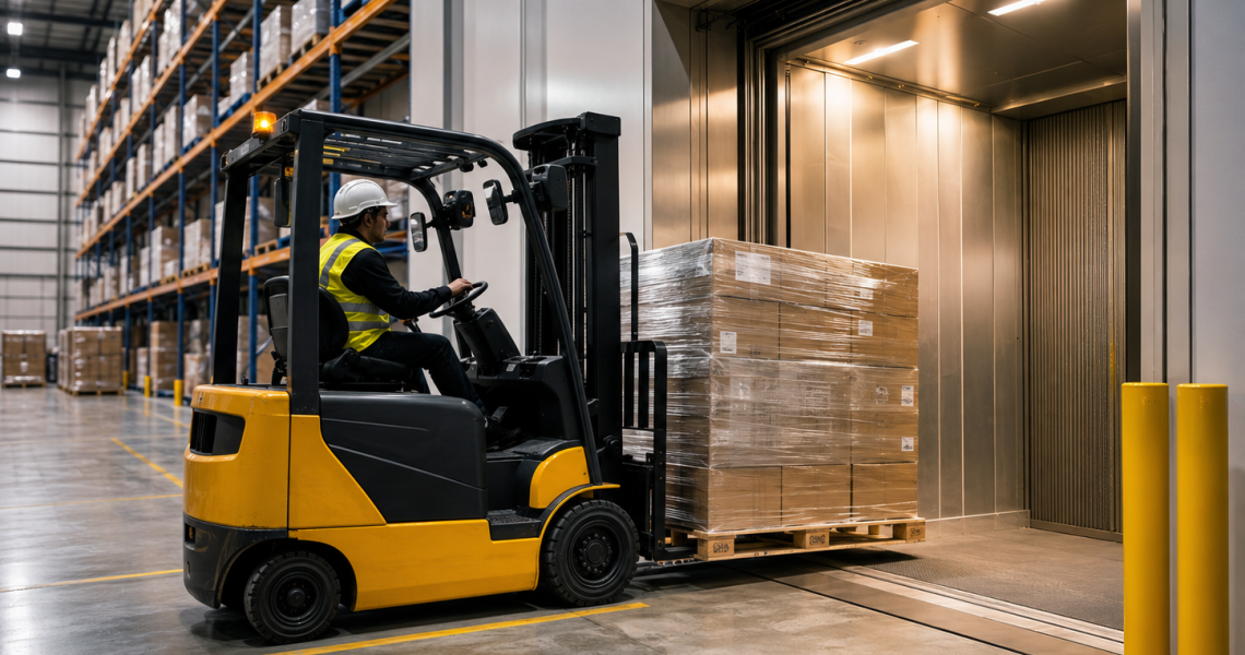 Elevador montacargas para almacenes en México con carga industrial moderna
