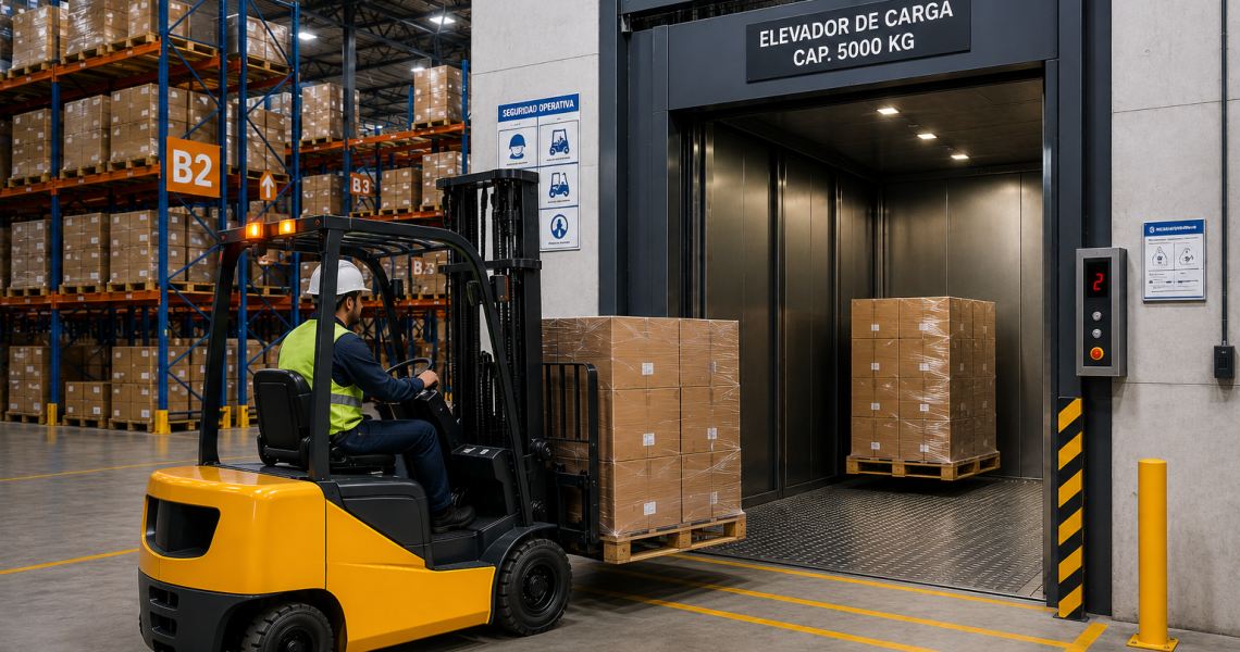 Solución de elevadores montacargas para centros logísticos en México con carga industrial moderna