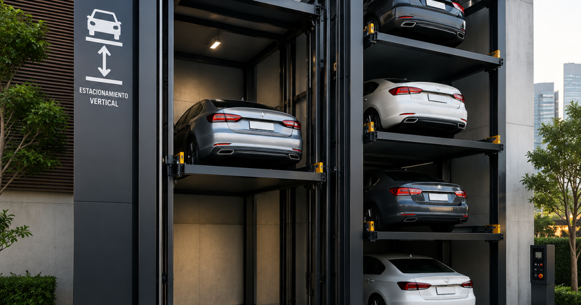 Elevador para estacionamiento vertical en México con autos en plataforma moderna