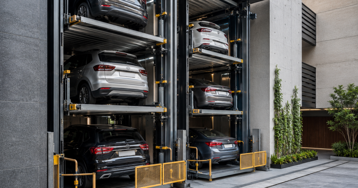 Instalación de sistemas de estacionamiento vertical en México con autos en plataformas modernas