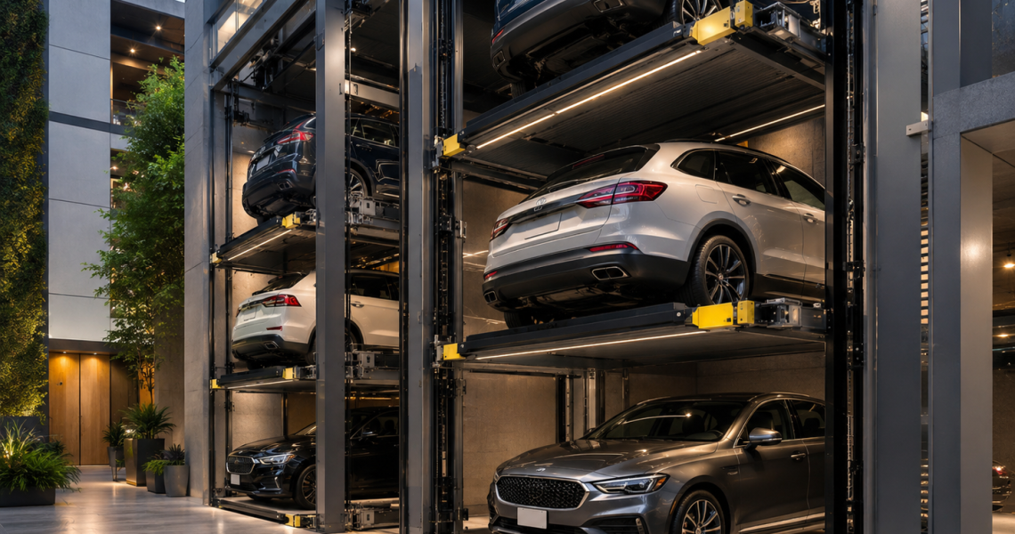 Sistema de estacionamiento vertical en México con autos en plataformas modernas