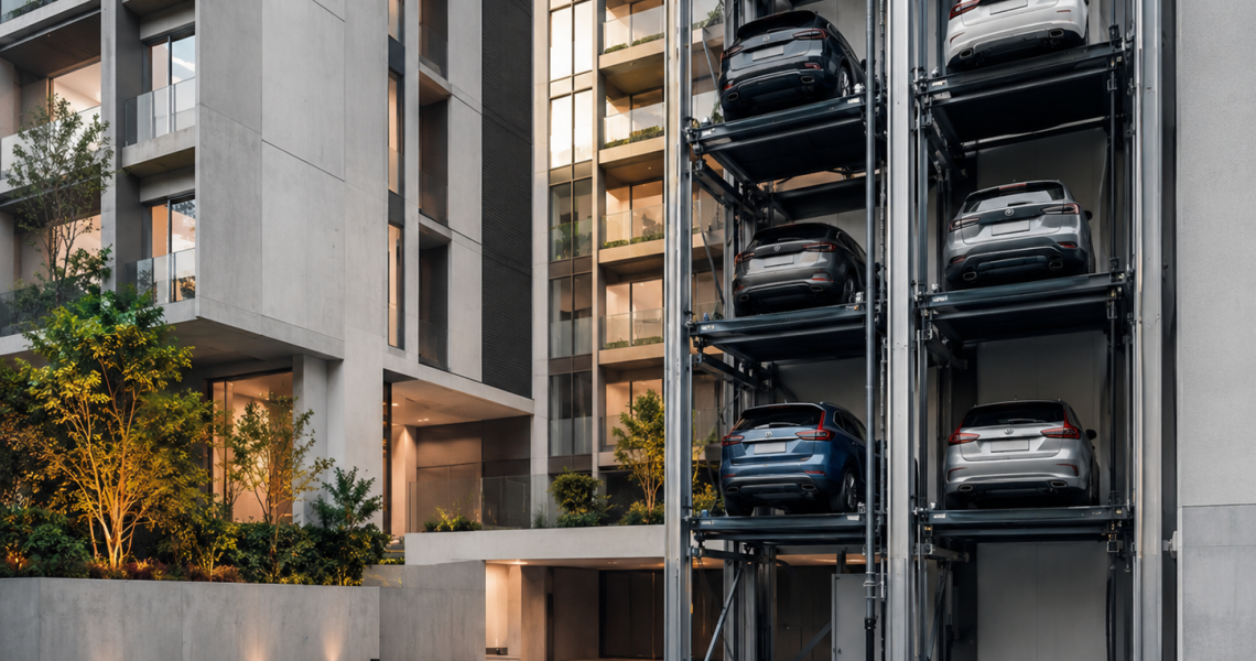 Sistema de estacionamiento vertical para edificios en México con autos en plataformas modernas