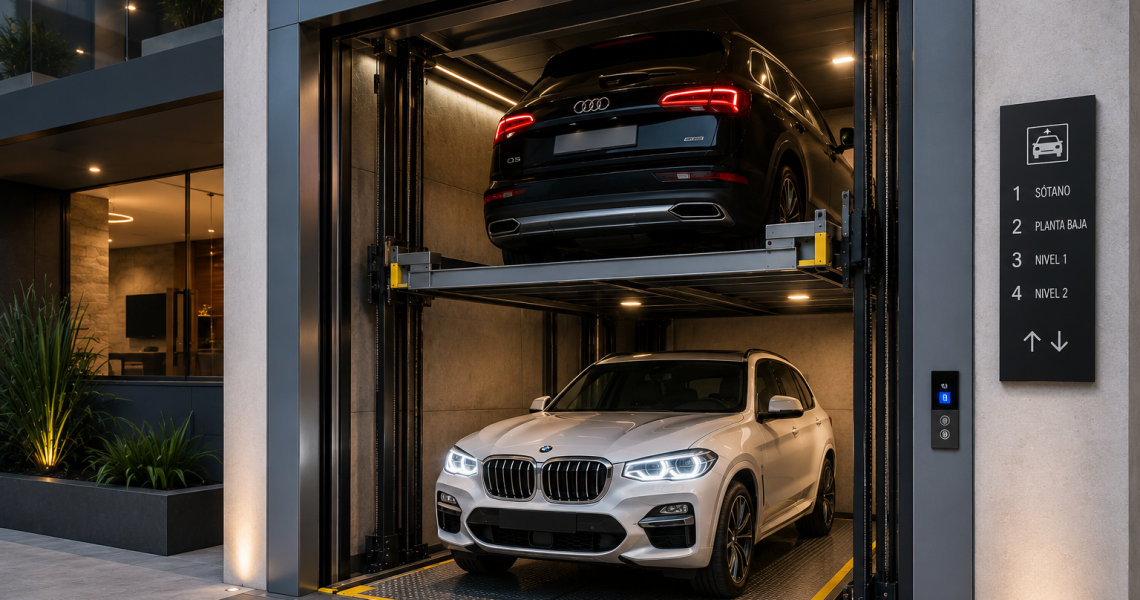 Sistemas de elevadores para autos en México en edificio moderno automatizado