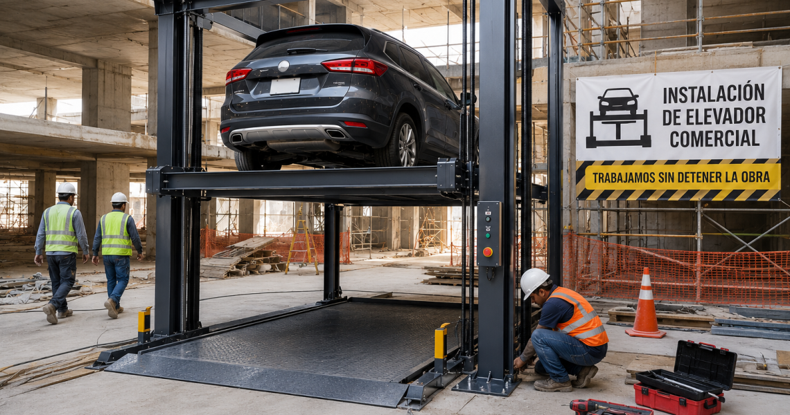 Instalación de elevadores comerciales en México sin detener la obra en estacionamiento en construcción