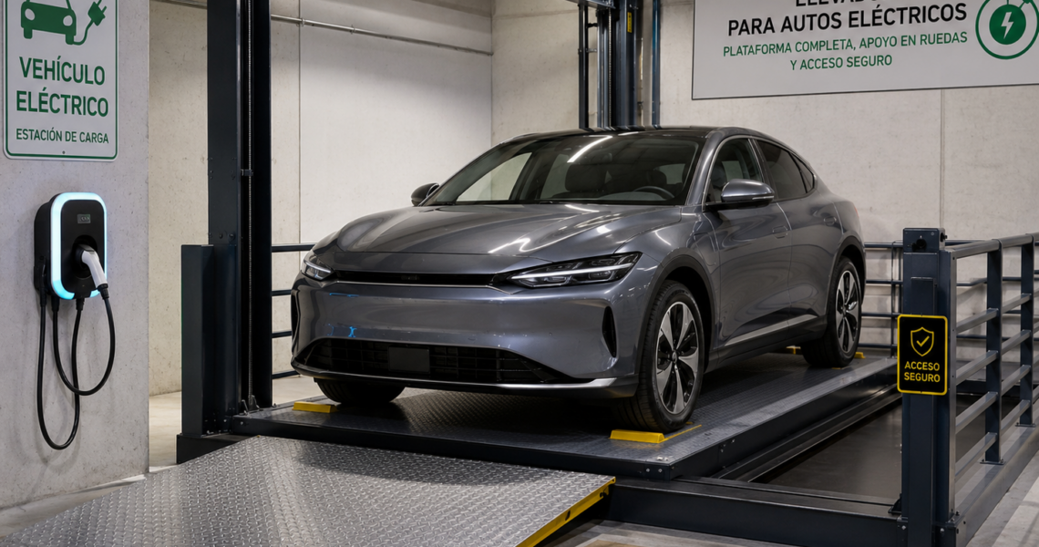Elevadores para autos eléctricos en México con plataforma completa, apoyo en ruedas y acceso seguro.