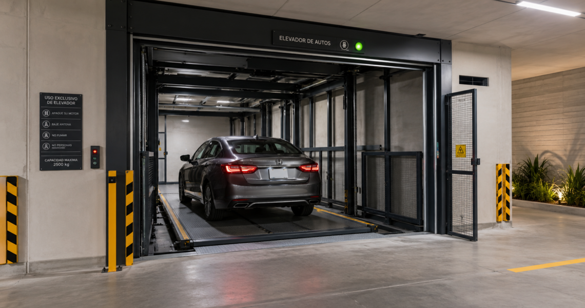 Elevadores para autos con acceso seguro en México con plataforma guiada, barreras y zona de maniobra despejada.
