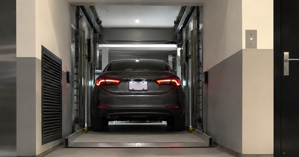 Elevadores para autos en México para accesos estrechos con plataforma compacta y entrada alineada.