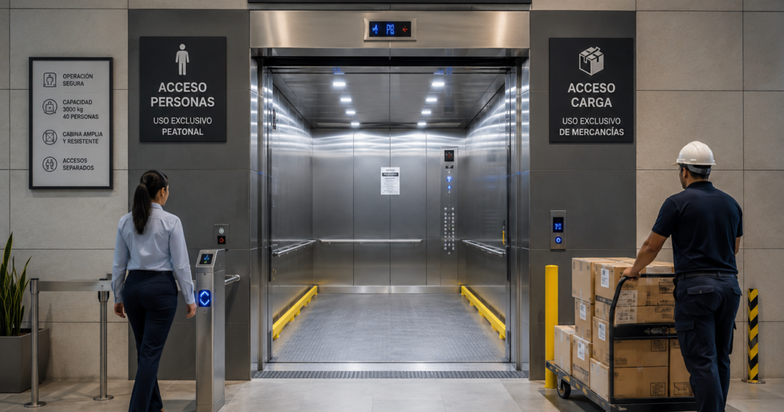 Elevadores comerciales para carga y personas en México con cabina amplia, accesos separados y operación segura.