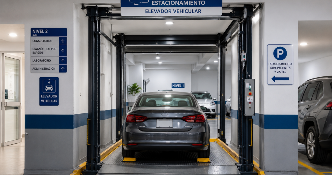 Elevadores comerciales para clínicas en México con plataforma vehicular y circulación de autos organizada.