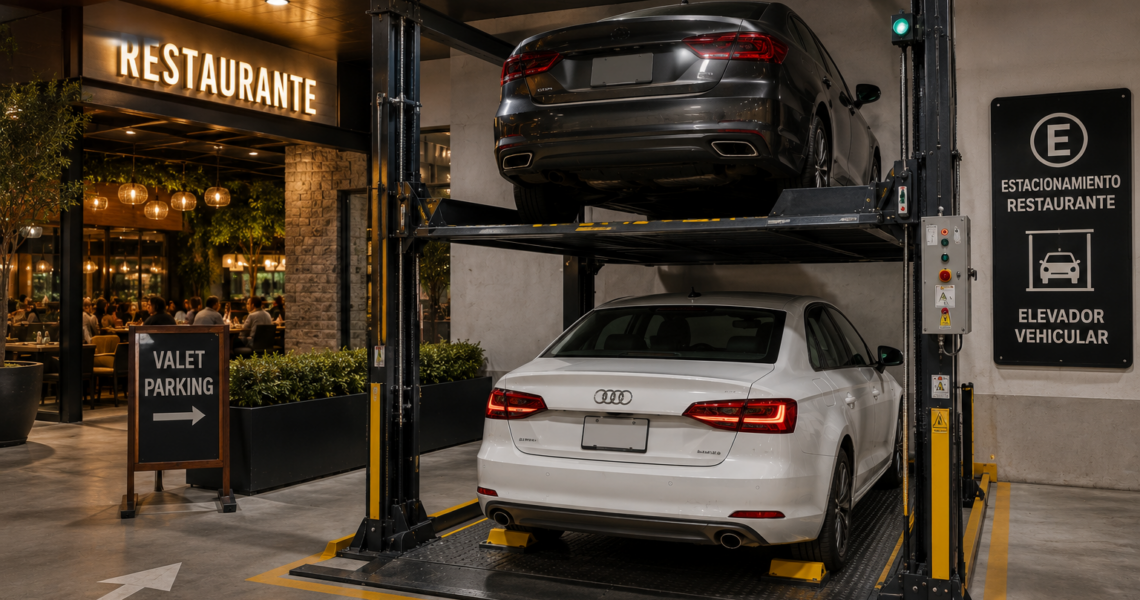 Elevadores comerciales para restaurantes en México con plataforma vehicular y circulación ordenada en horas pico.