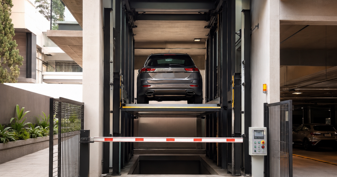 Instalación de elevadores para autos en edificios de México con plataforma, acceso controlado y estructura integrada.