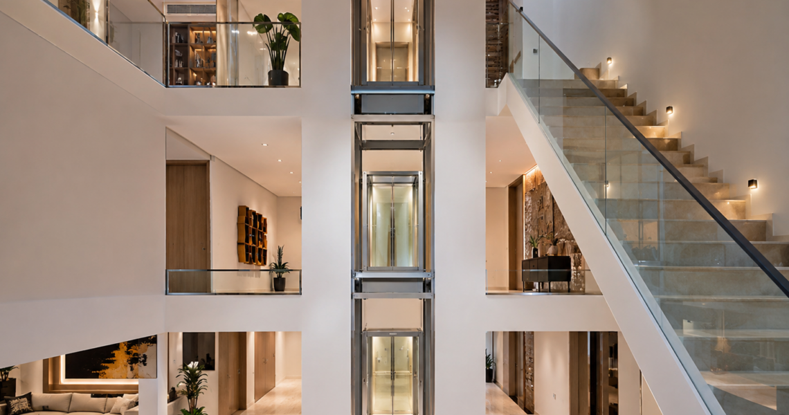 Elevadores residenciales para viviendas de varios niveles con cabina compacta y accesos alineados entre plantas.