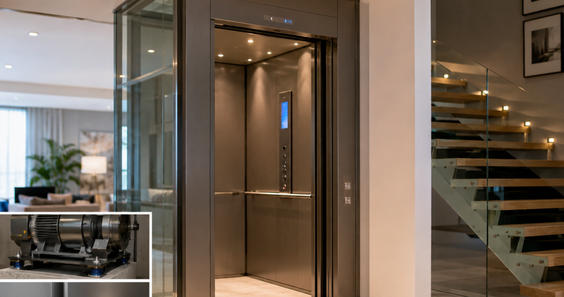 Elevadores residenciales silenciosos en México con motor aislado, puertas ajustadas y estructura antivibración.