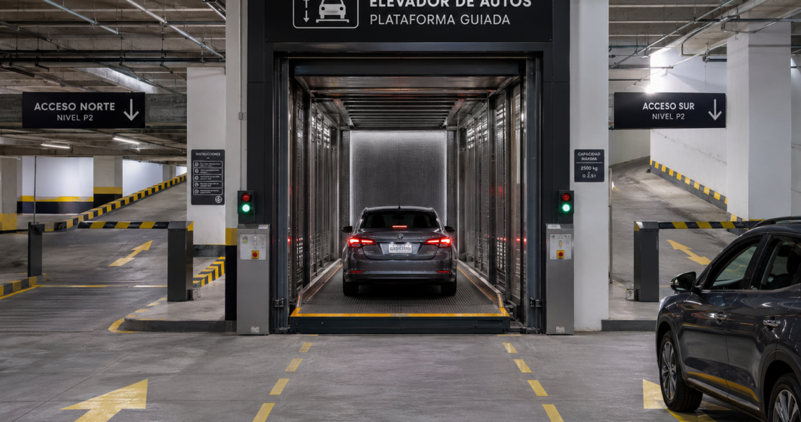 Elevadores comerciales para edificios con varios accesos, plataforma guiada y entradas vehiculares coordinadas.