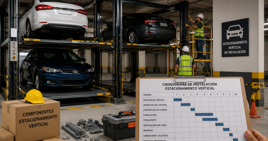 Estacionamiento vertical por tiempo de entrega en México con plataformas listas para instalación y puesta en marcha.