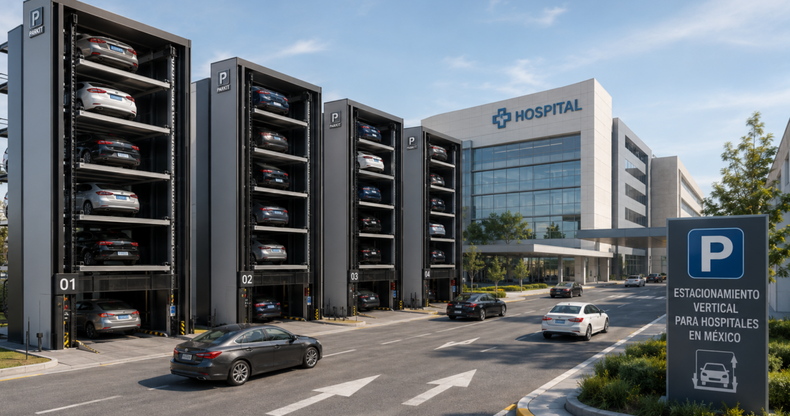 Estacionamiento vertical para hospitales en México con plataformas independientes y flujo vehicular continuo.