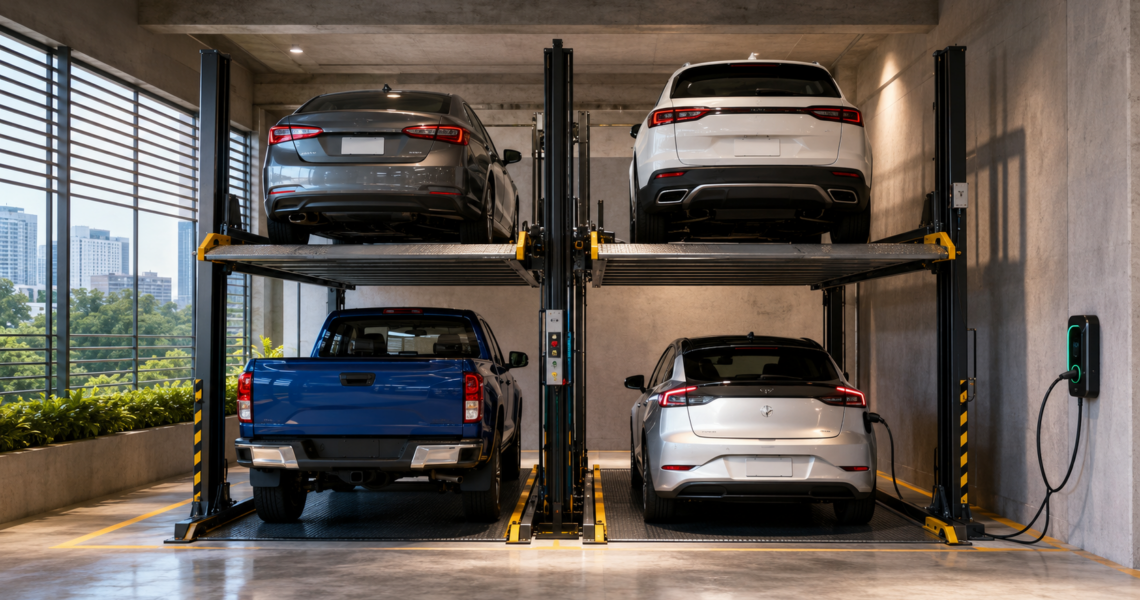 Sistema vertical para distintos vehículos en México con plataformas para sedanes, SUV, pickups y autos eléctricos.
