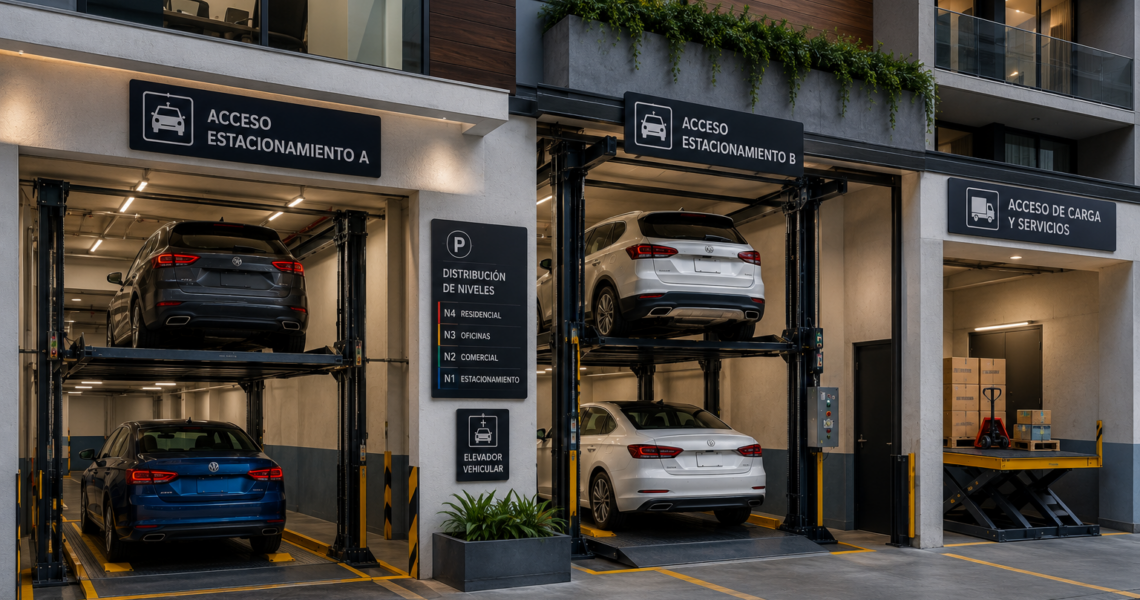 Sistemas de elevadores para proyectos mixtos en México con plataformas vehiculares y accesos independientes.
