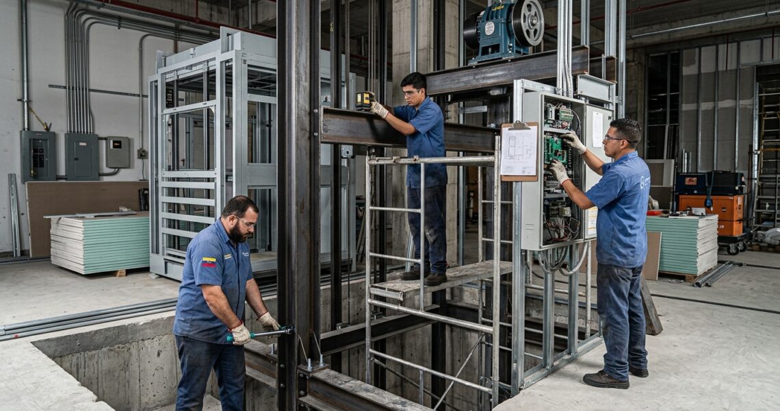 Proceso de instalación de elevadores comerciales en México en un edificio de estacionamientos